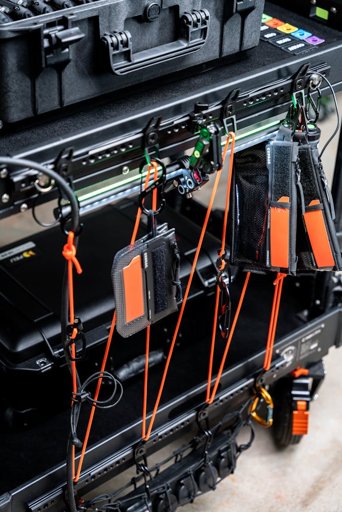 Detailed view of a photographer's organized equipment storage with gear bags and accessories.