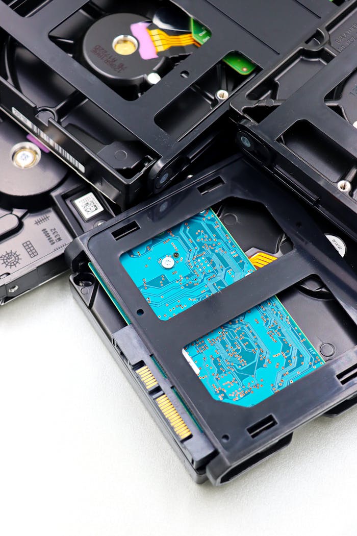 contact-img Close-up of multiple black internal hard drives stacked on a white surface showcasing circuit boards.