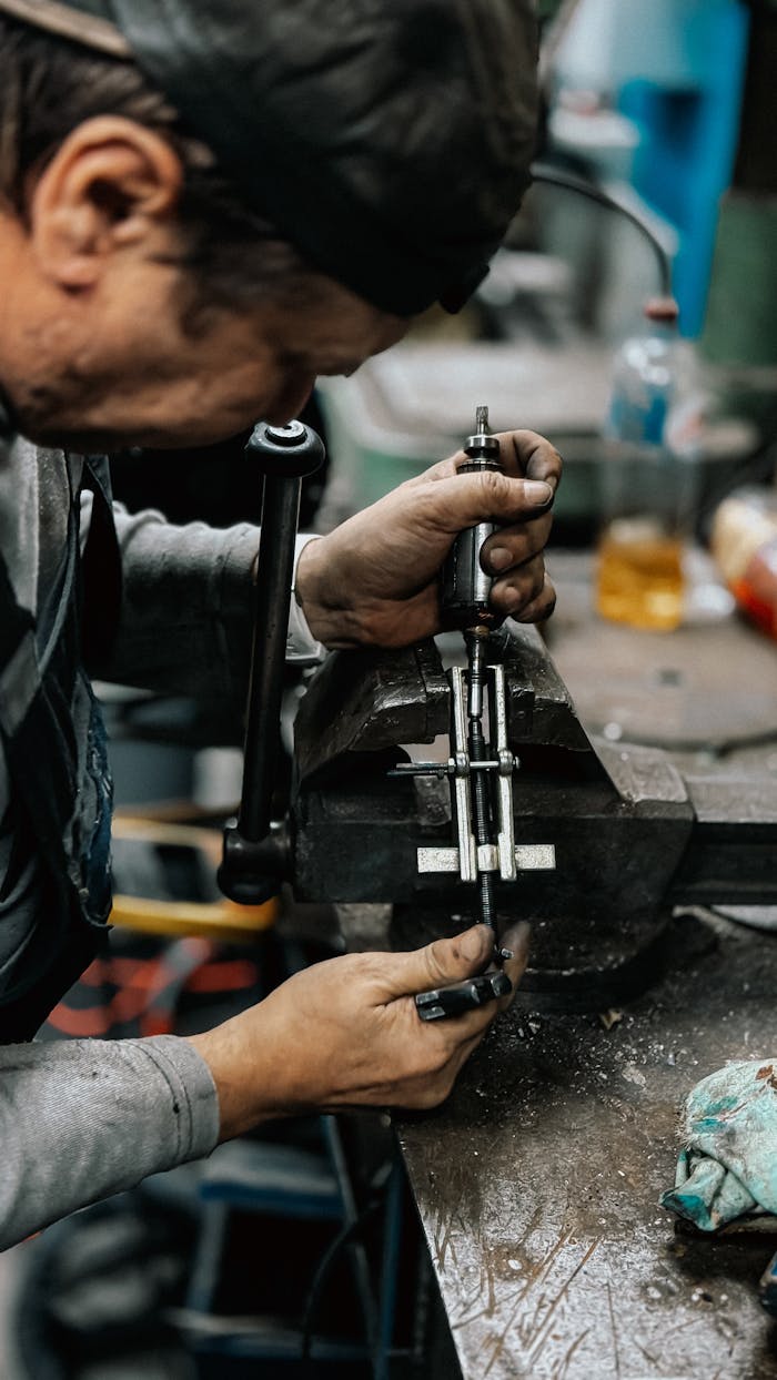 services-02 Craftsman focusing on precision work in a workshop, using a power tool to refine metal.
